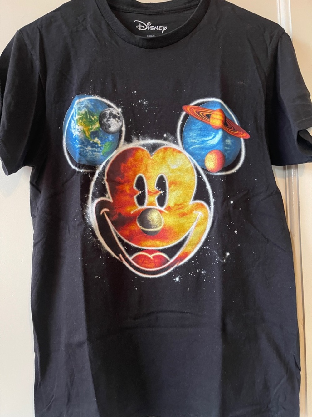 Disney Black Tee with Space Planets Mickey Graphic